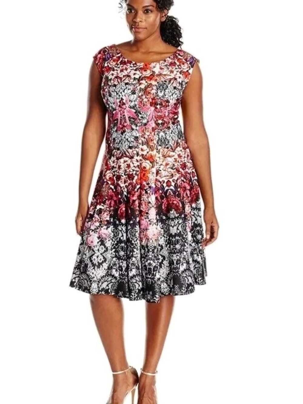 Julian Taylor Pink and Black Floral Fit-and-Flare Dress